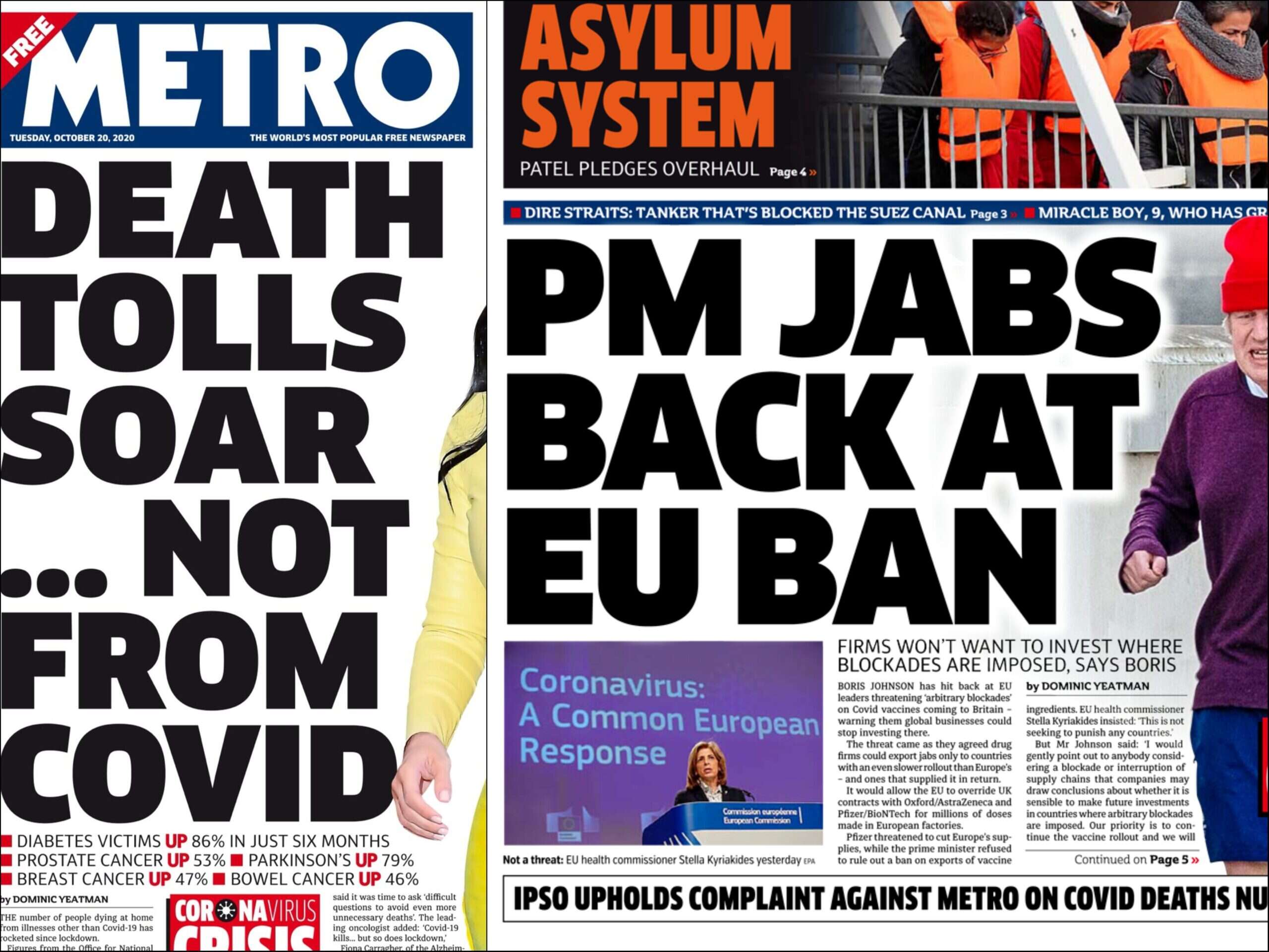 Metro flags IPSO ruling on front page after wrongly claiming non-Covid death tolls 'soared' during lockdown