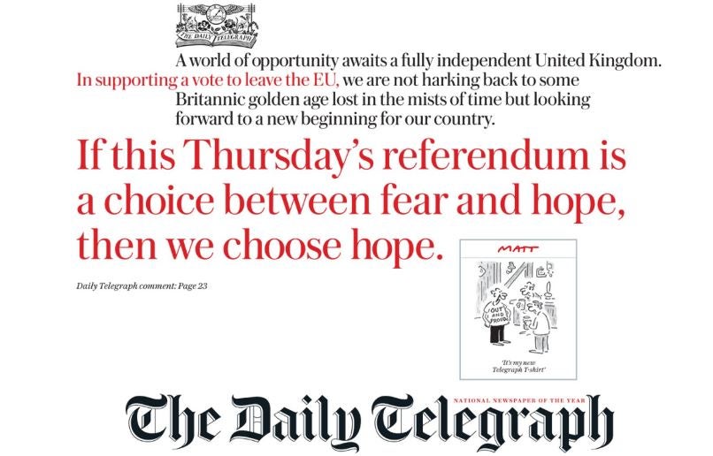 Telegraph front-page urges readers to vote Leave, Guardian asks its readers to vote Remain