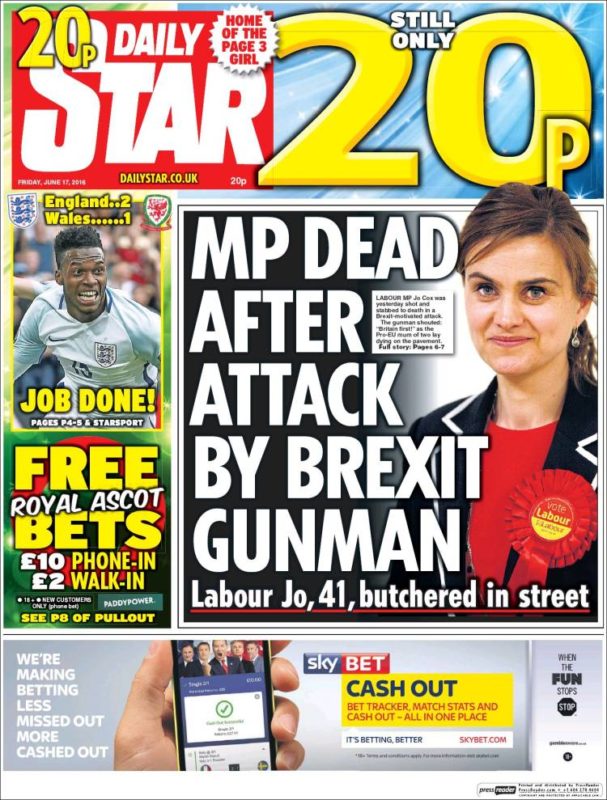 The Daily Star front page after Jo Cox was killed in an attack