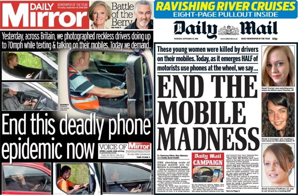 Mirror and Mail front pages both launch campaigns against using mobiles while driving