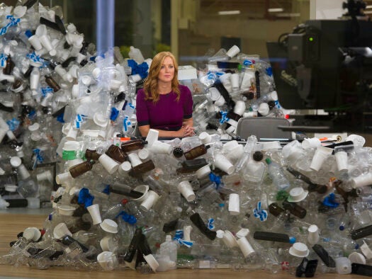 Sarah Jane Mee is surrounded by plastic in the news studio for the launch of the Sky Ocean Rescue