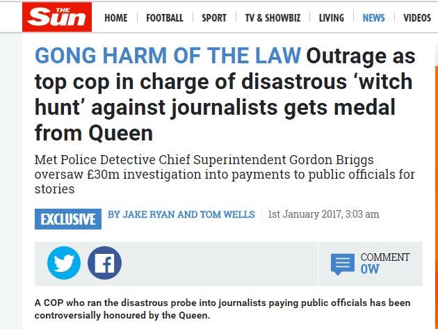 Sun condemns awarding of Queen's Police Medal to officer who oversaw Operation Elveden 'fiasco'