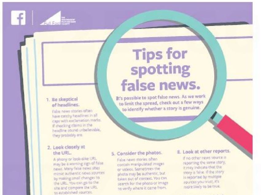 Full-page Facebook ad offers readers of up-market UK newspapers tips on spotting fake news