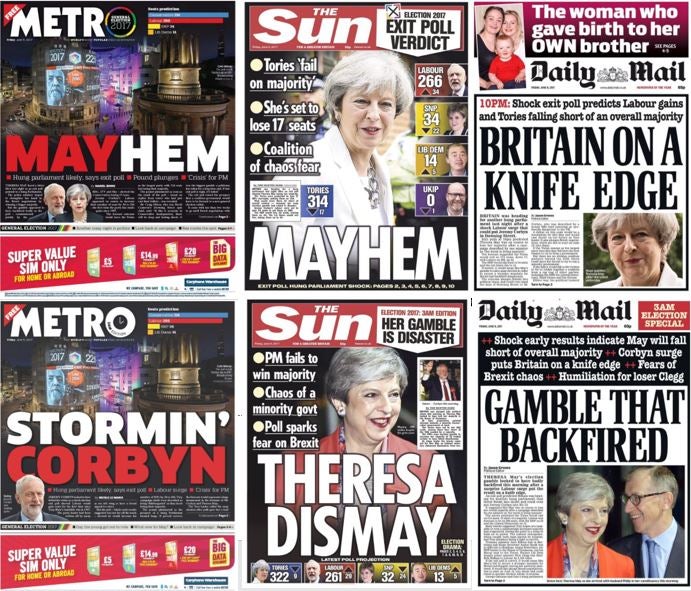 From Mayhem to Theresa Dismay - how front pages changed through the night to reflect UK's surprise election result