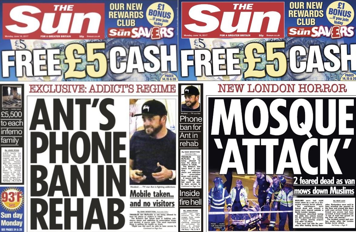 Sun, Times and Mail change front pages to carry late news of Finsbury Park mosque van attack