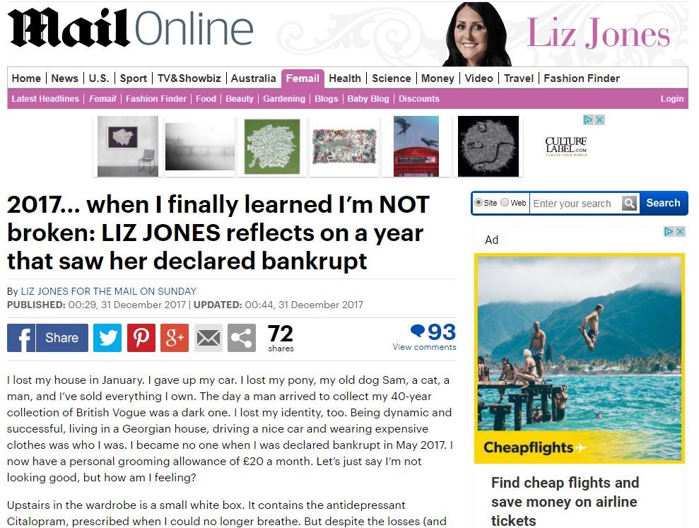 Mail on Sunday columnist Liz Jones reveals she has been declared bankrupt