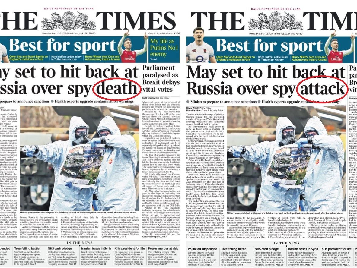 Times changes front page headline wrongly stating former Russian spy Sergei Skripal had died