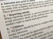 A photo of an extract from a printed version of the Editors' Code of Practice, featuring Clause 4 (intrusion into grief or shock), Clause 5 (reporting suicide) and Clause 6 (children)