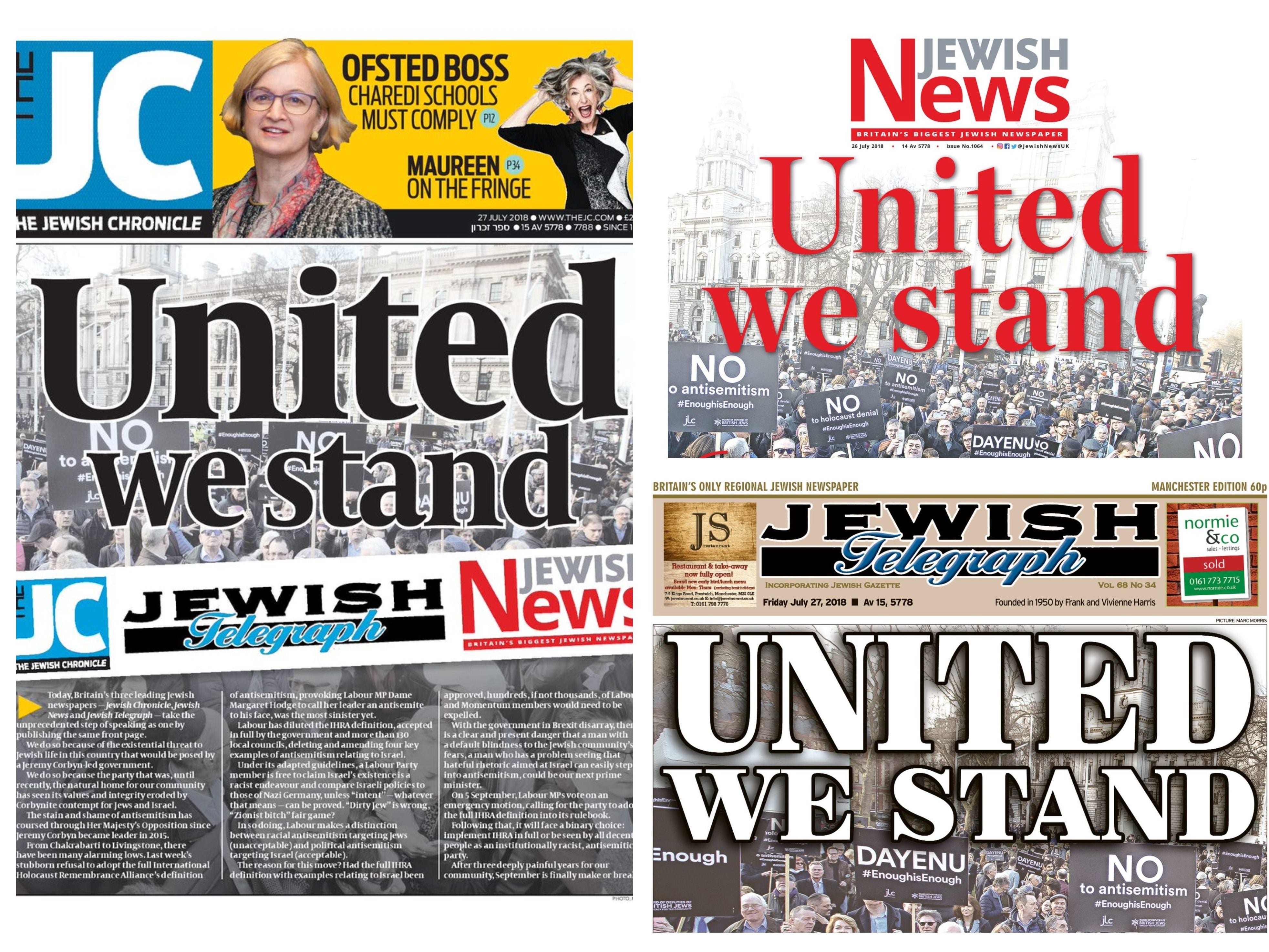 Rival Jewish newspapers unite in 'unprecedented' front page collaboration claiming Labour Party under Corbyn poses 'threat to Jewish life'