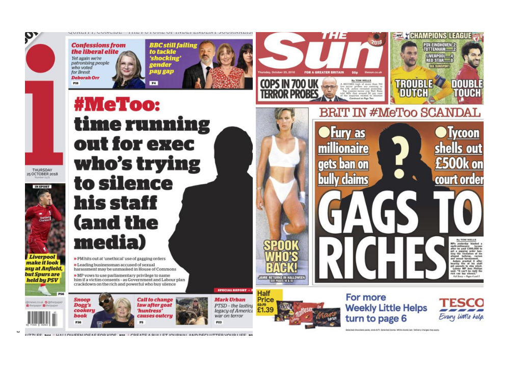 The Sun and the i come down on gagging laws with front page follow-ups to Telegraph's 'gagged' #MeToo scandal scoop