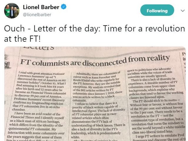 'Time for a revolution' says FT editor Lionel Barber as he publishes letter criticising 'lack of diversity' among paper's columnists