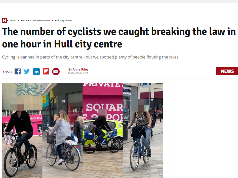 Hull Daily Mail takes down front page cycling story after wrongly accusing bikers of flouting city centre ban