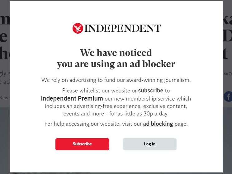 Ad-blocker notice on the Independent website|||