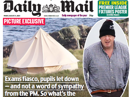 Daily Mail splash Boris Johnson camping|||