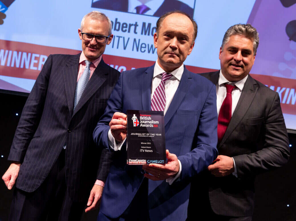 British Journalism Awards journalist of the year Robert Moore of ITV pictured with Jeremy Vine and Dominic Ponsford