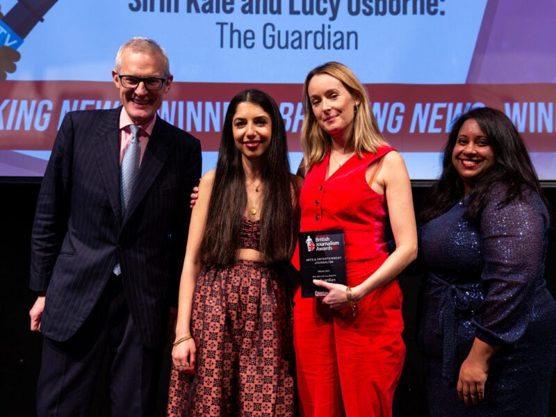 British Journalism Awards 2021:Sirin Kale and Lucy Osborne from The Guardian with Jeremy Vine and awards judge Suchandrika Chakrabarti
