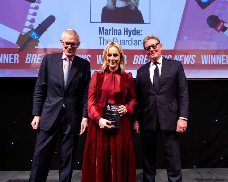 British Journalism Award winner Marina Hyde with Jeremy Vine and awards judge Richard Caseby