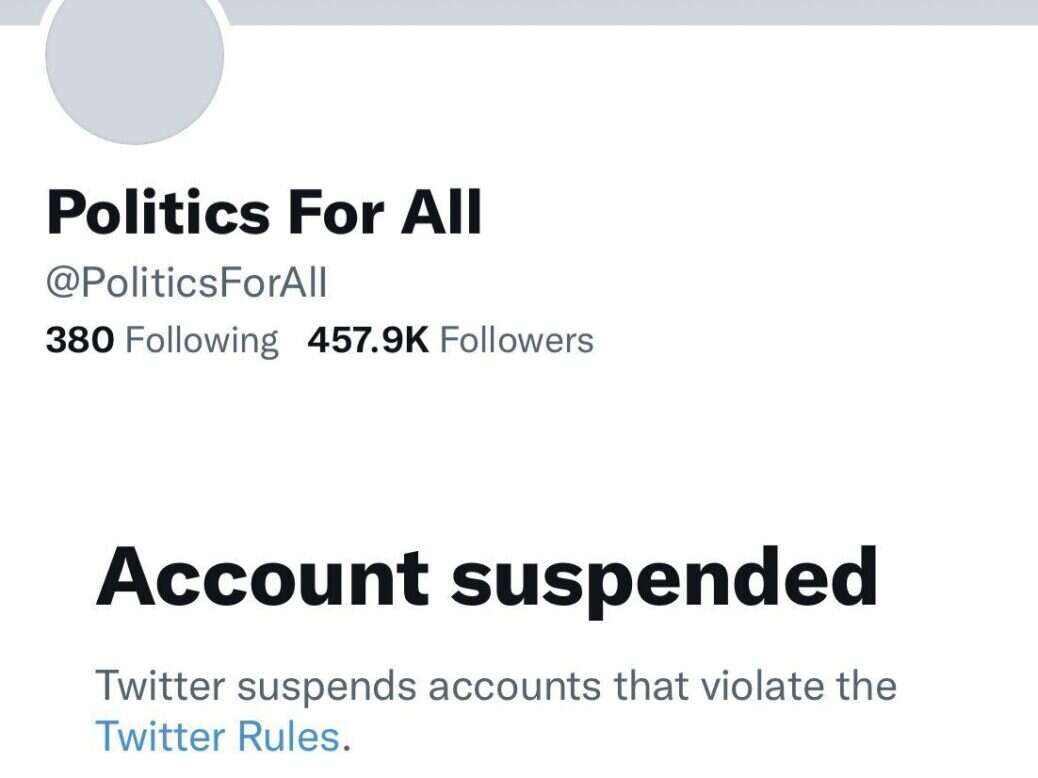 Politics For All suspended|Screenshot of Politics For All tweets