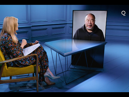 A still from Emma Barnett Meets, a show on Bloomberg Quicktake. Emma is depicted meeting Chinese dissident artist Ai Weiwei. Picture: Bloomberg Quicktake