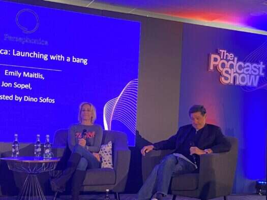 Emily Maitlis and Jon Sopel on stage at The Podcast Show