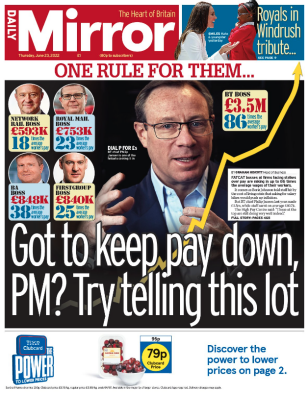 Daily Mirror front page about fat cat pay - may be useful for pay talk stories