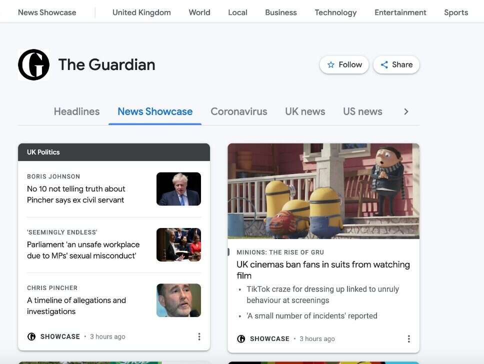 Guardian on Google News Showcase