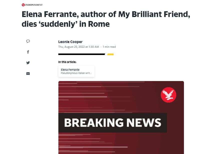 Independent story on the death of pseudonymous Italian author Elena Ferrante