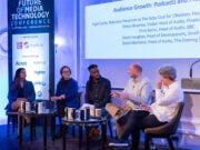 UK podcast sector trends discussed at the Future of Media Technology conference. Pictured (left to right): Cheryl Brumley, Danni Haughan, Nigel Clarke, David Marsland and Chris Burns