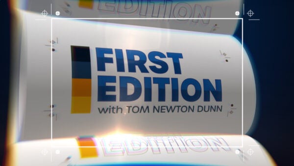 TalkTV branding for First Edition with Tom Newton Dunn