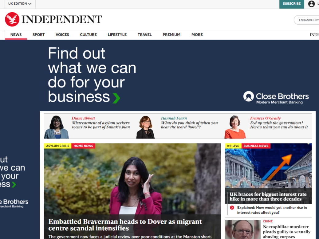 The Independent homepage to illustrate Independent job cuts story
