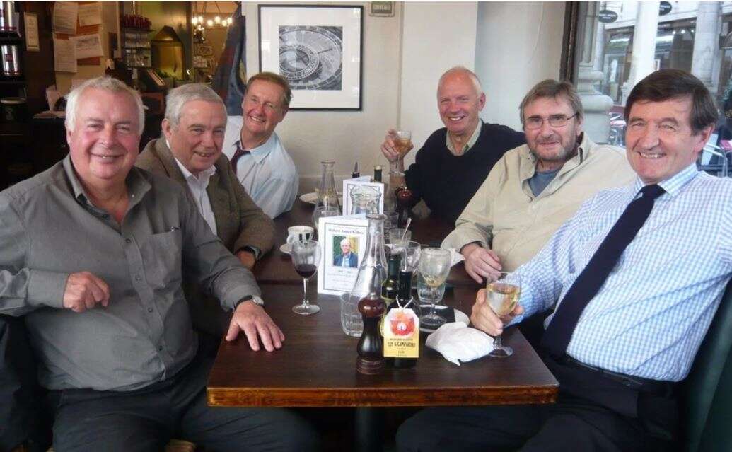 Ashley far left at the Spaghetti House restaurant in London in 2013 with, from left, Alastair McIntyre, the late Bill Reynolds, Ray King, the late Ross Tayne and Tony Boullemier