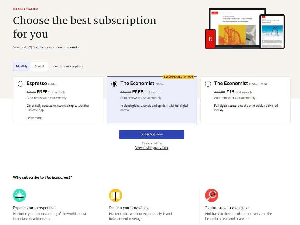 Economist subscriptions page