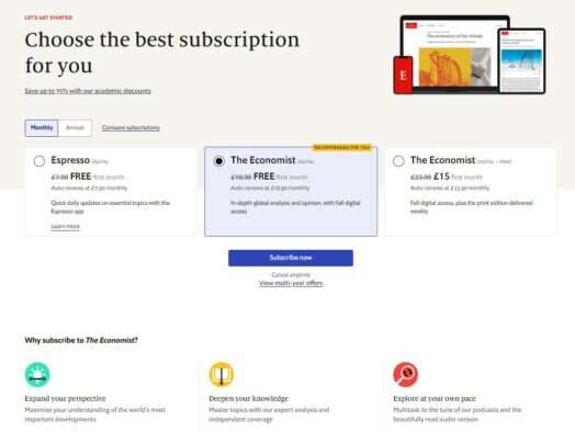 Economist subscriptions page