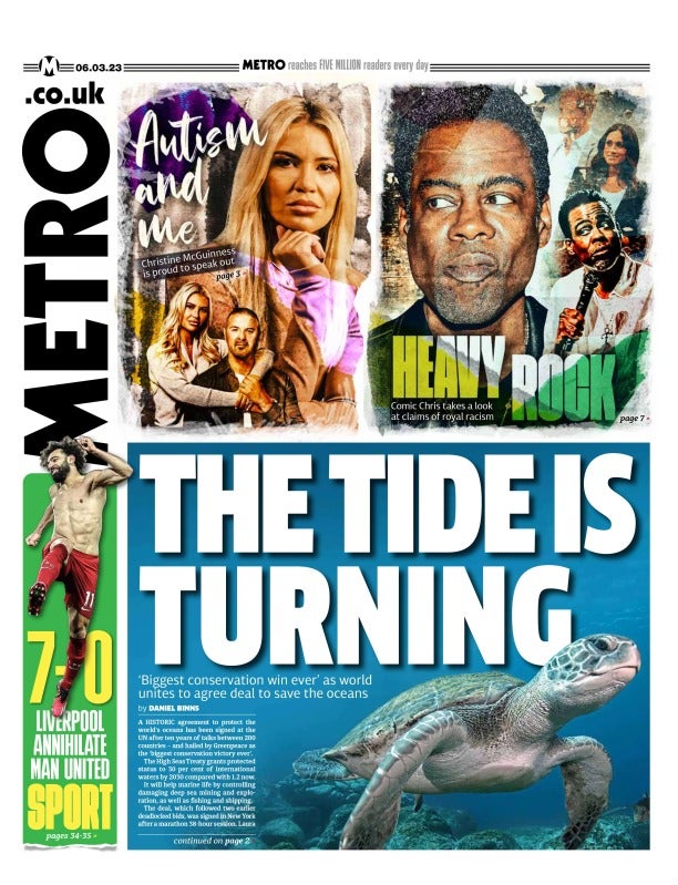 Front page of first new-look edition of Metro on Monday 6 March