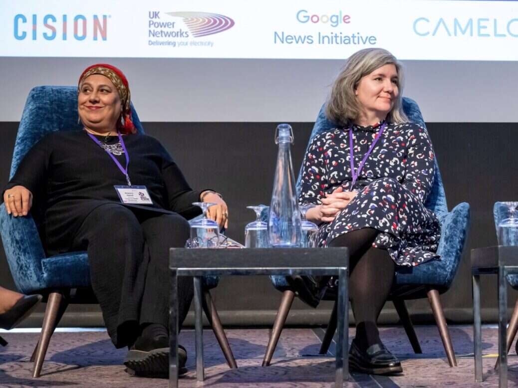 Centre for Media Monitoring director Rizwana Hamid (left) appears alongside IPSO chief executive Charlotte Dewar (right) at the Society of Editors Media Freedom Conference, 15 March 2023. Picture: SWNS/Society of Editors
