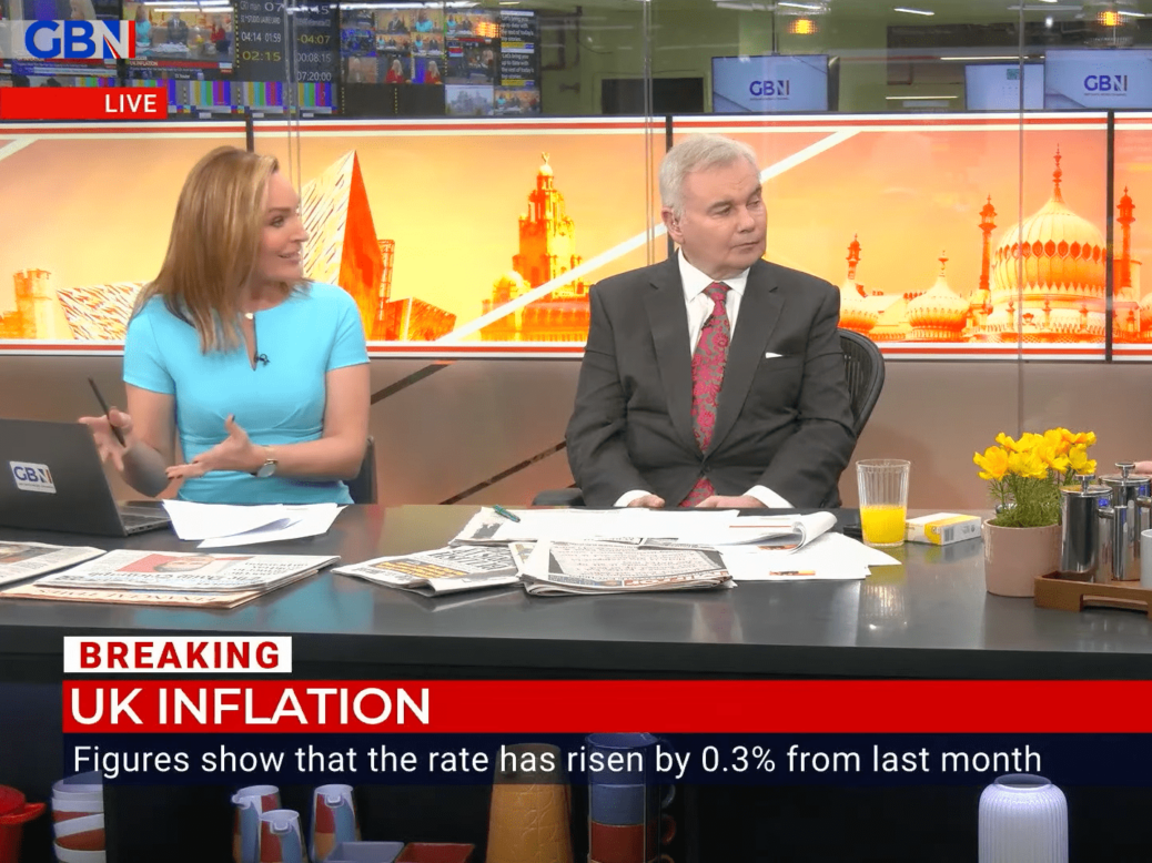 A still from Breakfast with Eamonn and Isabel on GB News, illustrating a story about the company's 2023 accounts, which show a £40m loss.