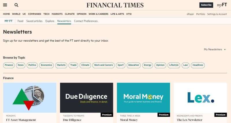 FT newsletters page