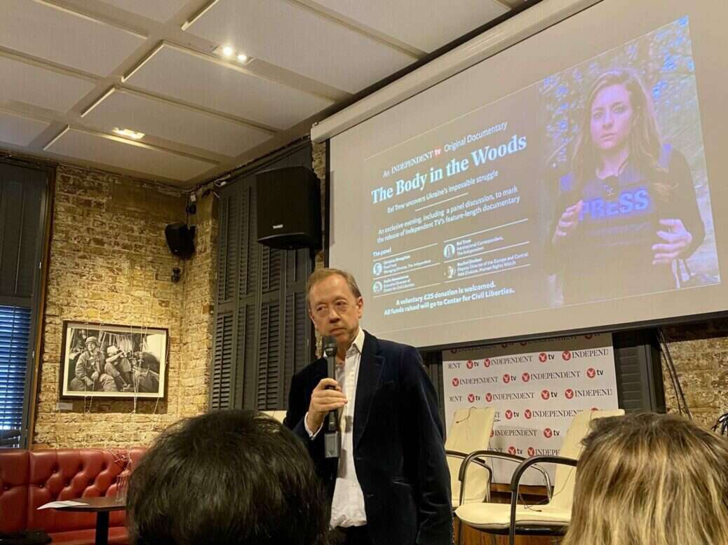 Geordie Greig introduces the UK premiere of The Independent's first feature-length documentary, The Body in the Woods, in April 2023. Picture: Press Gazette