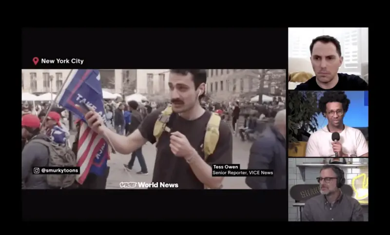 Samir Ferdowsi on Vice's Twitch stream, reporting from Donald Trump's arraignment in early April 2023. Picture: Vice