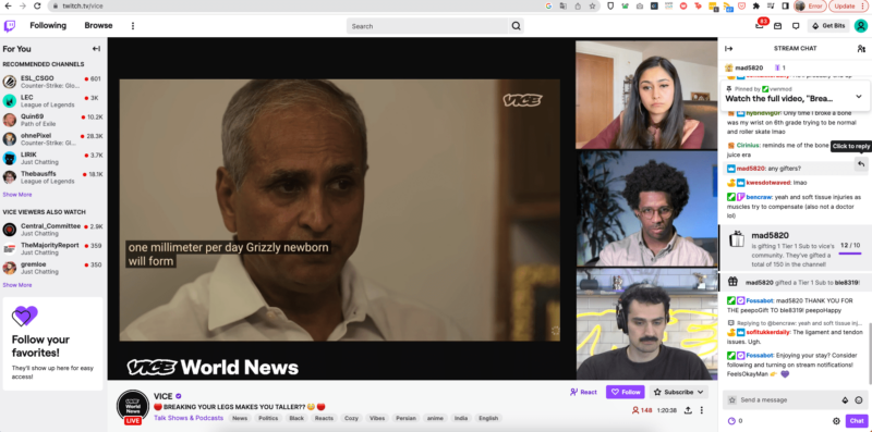 Screenshot from a Vice broadcast on Twitch on 25 April 2023. The hosts discuss a Vice documentary on limb lengthening with the reporter who produced it.  The audience interact with the streamers and one another in a chat box at right. Picture: Press Gazette