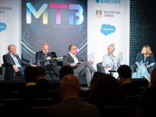 The panel at the "News: from sustainability to renewed growth" discussion which centred on AI at the 2023 Deloitte and Enders Media and Telecoms Conference. Left to right: Telegraph CEO Nick Hugh, Le Monde CEO Louis Dreyfus, FT CCO Jon Slade, Guardian CEO Anna Bateson and moderator and Ofcom executive Gill Whitehead.