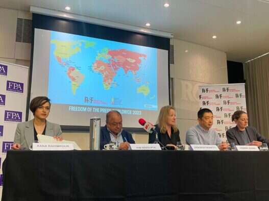 Left to right: BBC World Service's Rana Rahimpour, The Independent's Kim Sengupta, the Foreign Press Association's Deborah Bonetti, BBC News Chinese editor Howard Zhang and RSF London bureau director Fiona O'Brien. The group were speaking at the Royal Over-Seas League on Wednesday 3 May 2023 for the launch of that year's RSF Press Freedom Index. Picture: Press Gazette