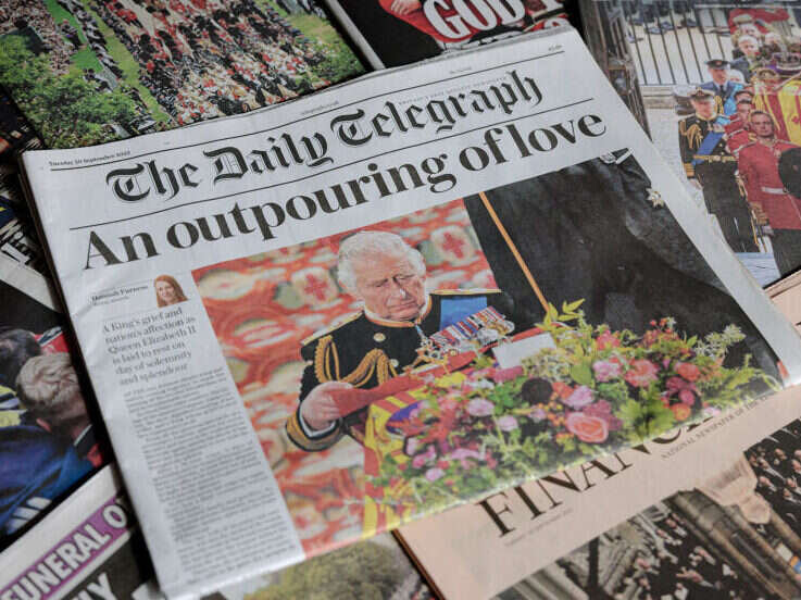Telegraph front page Queen's funeral, illustrating a story about a poll showing that the paper's subscribers would be less inclined to renew their subscriptions if UAE-linked Redbird IMI acquired the paper.
