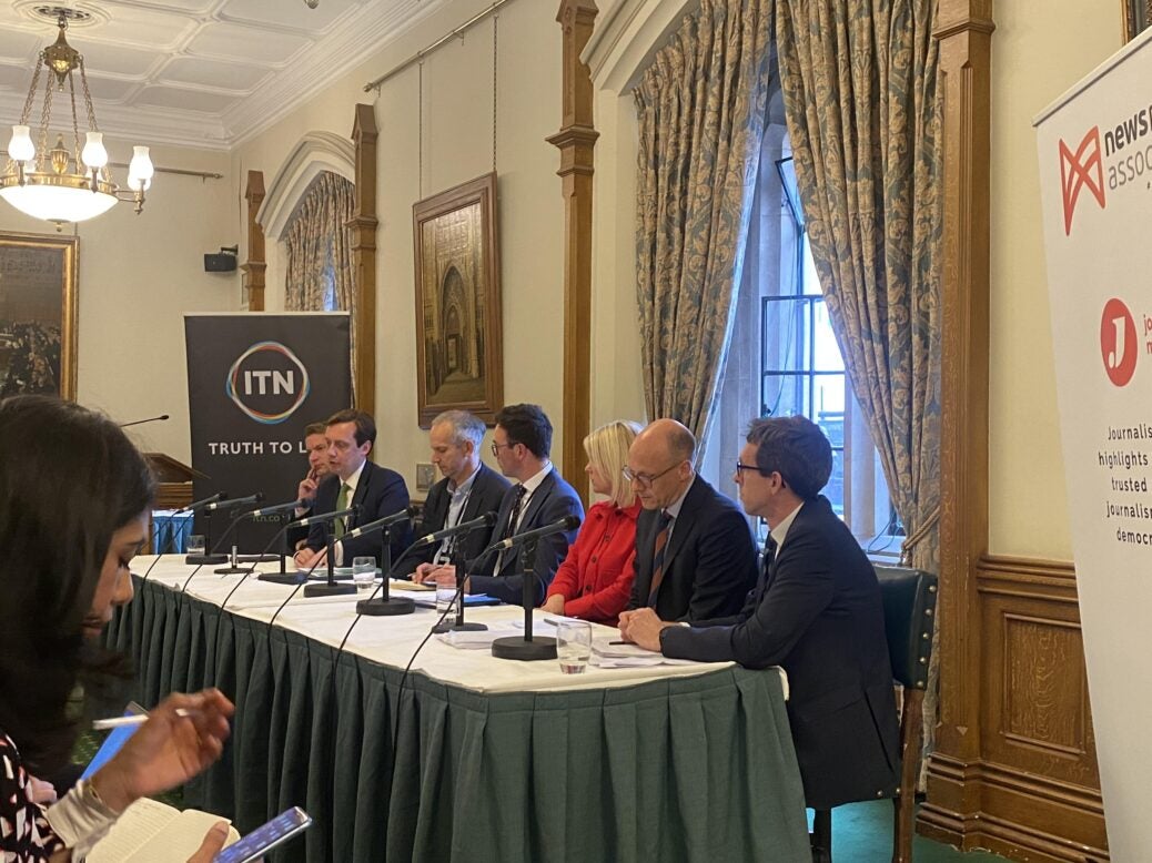 Left to right: NMA chief executive Owen Meredith, economist Matt Sinclair, PINF director Jonathan Heawood, Press Gazette associate editor and panel chair William Turvill, ITN chief executive Rachel Corp, Geradin Partners partner Tom Smith and DMU director Chris Jenkins. Picture: Press Gazette