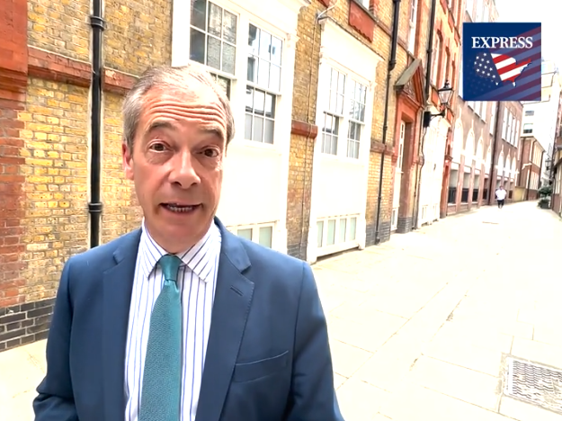 Nigel Farage appears in an alleyway to announce his appointment as a columnist for the Daily Express US