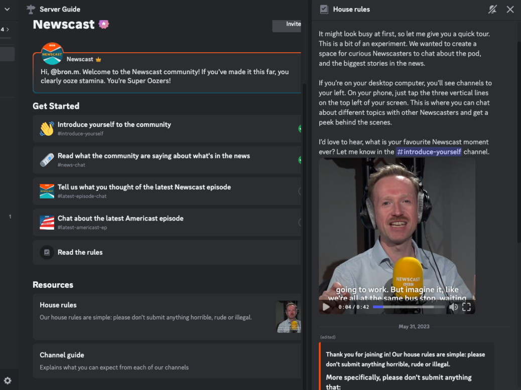 A screenshot of the BBC Newscast Discord server showing host Adam Fleming introducing users to the platform.