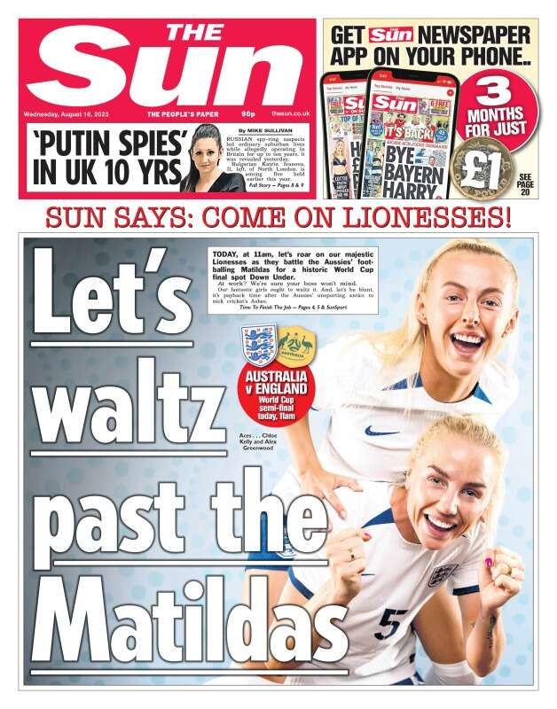 Sun front page on Wednesday 16 August ahead of England-Australia semi-final.