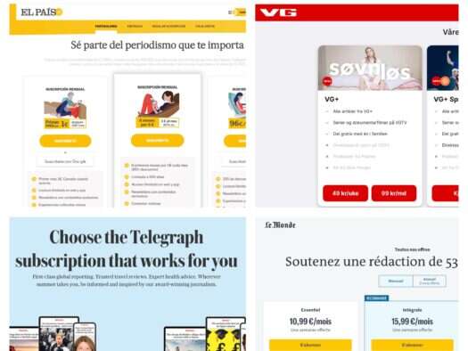 Subscription offer pages (clockwise from top L): El Pais, VG, Telegraph, Le Monde