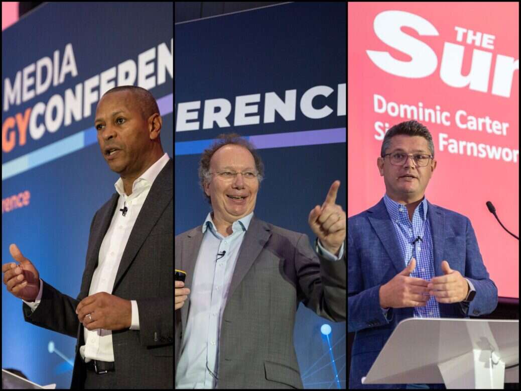 Left to right: Sun publisher Dominic Carter, Daily Mail product director Simon Regan-Edwards and News UK EVP and chief technology officer Simon Farnsworth. The three are pictured in a three-panel collage, with each speaking on stage at the Press Gazette Future of Media Technology Conference