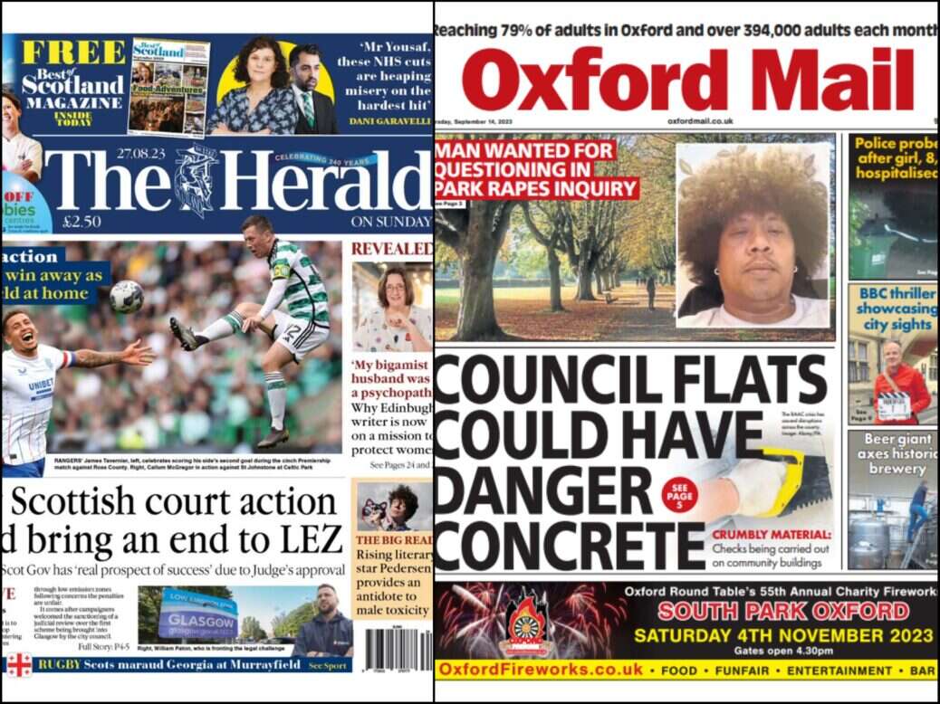 Recent front pages for the Herald on Sunday and Oxford Mail, two Newsquest titles.
